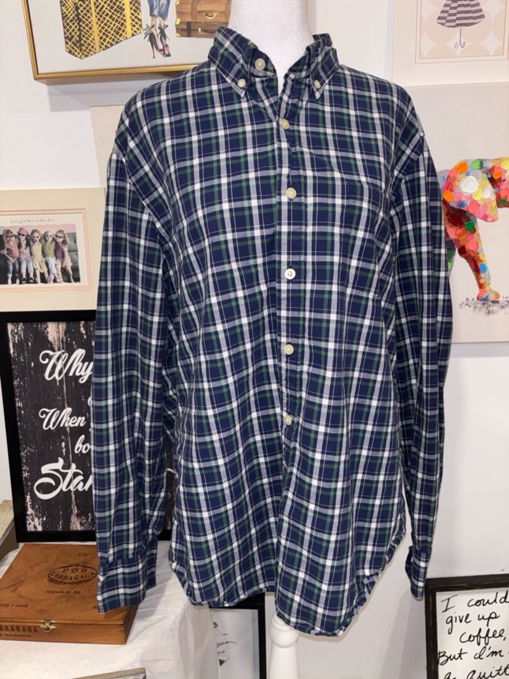 J. Crew Navy and Green Plaid Button-Down Shirt